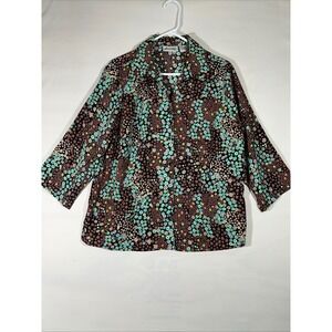 Joanna Womens Floral Print 3/4 Sleeve Collared Top Button Up Black Multi Color L